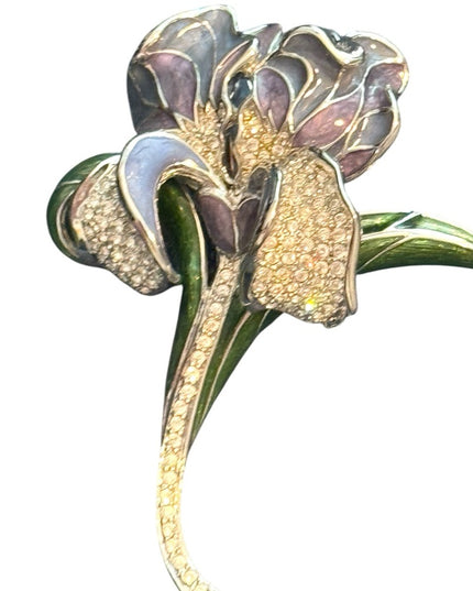 Vintage RARE  NOLAN MILLER "Azure Iris" Enamel & Pave Crystal Flower Pin