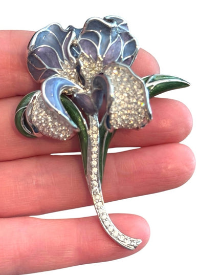 Vintage RARE  NOLAN MILLER "Azure Iris" Enamel & Pave Crystal Flower Pin
