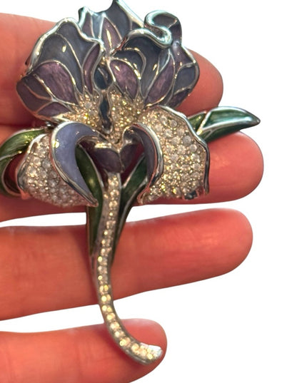 Vintage RARE  NOLAN MILLER "Azure Iris" Enamel & Pave Crystal Flower Pin