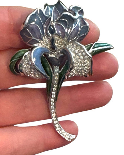 Vintage RARE  NOLAN MILLER "Azure Iris" Enamel & Pave Crystal Flower Pin