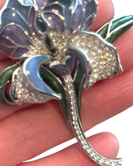 Vintage RARE  NOLAN MILLER "Azure Iris" Enamel & Pave Crystal Flower Pin