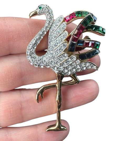 Carolee Duchess of Windsor Collection Flamingo Brooch pin rhinestones gold 1980