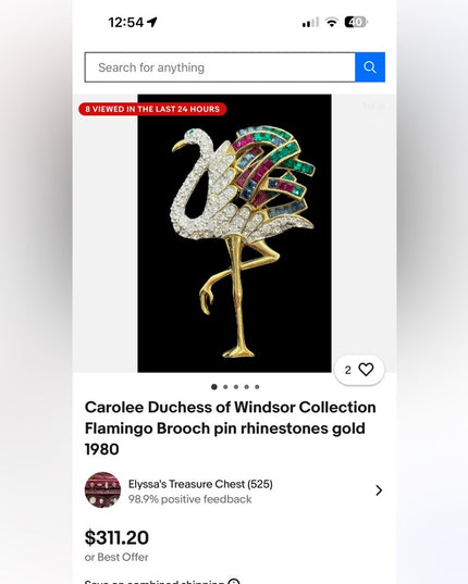 Carolee Duchess of Windsor Collection Flamingo Brooch pin rhinestones gold 1980