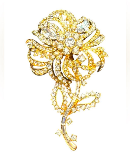 JOAN RIVERS Vintage 1990's Large Gold Rhinestones Floral Statement Brooch