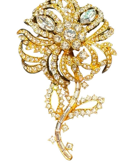 JOAN RIVERS Vintage 1990's Large Gold Rhinestones Floral Statement Brooch