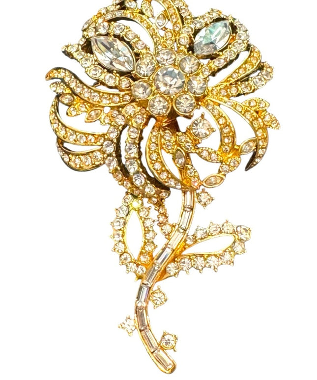 JOAN RIVERS Vintage 1990's Large Gold Rhinestones Floral Statement Brooch