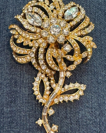 JOAN RIVERS Vintage 1990's Large Gold Rhinestones Floral Statement Brooch