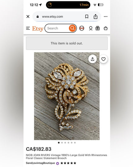 JOAN RIVERS Vintage 1990's Large Gold Rhinestones Floral Statement Brooch