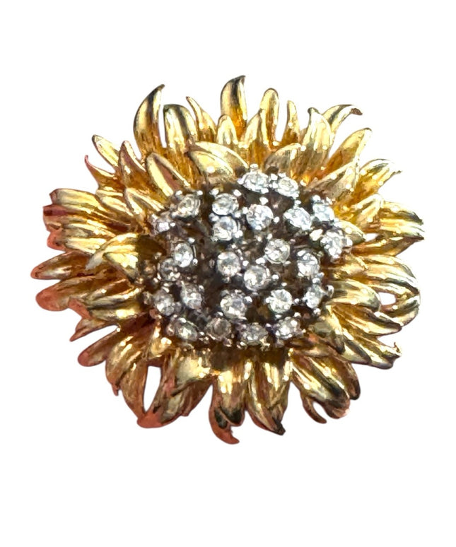 Vintage Erwin Pearl RARE Gold Rhinestone Floral Brooch Statement Mid Century