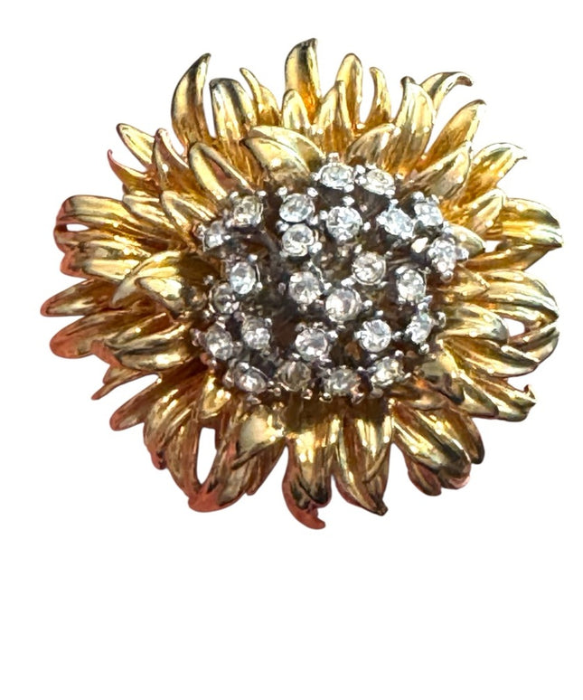 Vintage Erwin Pearl RARE Gold Rhinestone Floral Brooch Statement Mid Century