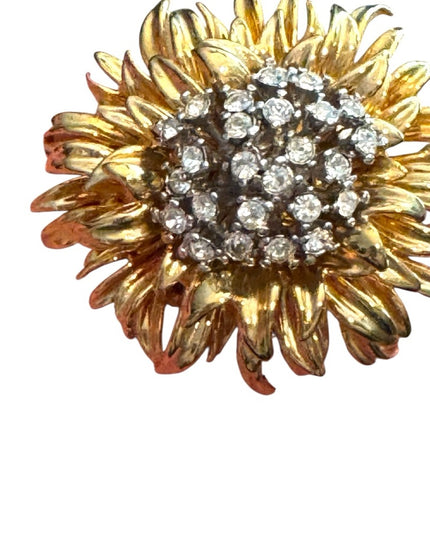 Vintage Erwin Pearl RARE Gold Rhinestone Floral Brooch Statement Mid Century