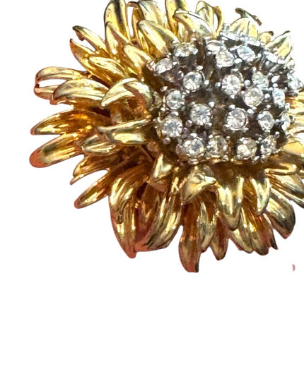 Vintage Erwin Pearl RARE Gold Rhinestone Floral Brooch Statement Mid Century