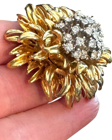 Vintage Erwin Pearl RARE Gold Rhinestone Floral Brooch Statement Mid Century