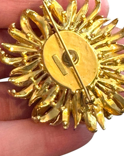 Vintage Erwin Pearl RARE Gold Rhinestone Floral Brooch Statement Mid Century