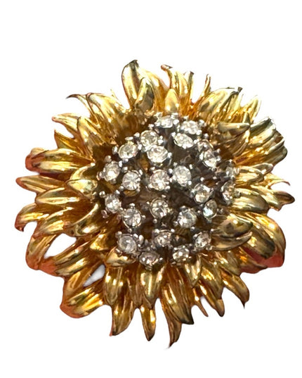 Vintage Erwin Pearl RARE Gold Rhinestone Floral Brooch Statement Mid Century