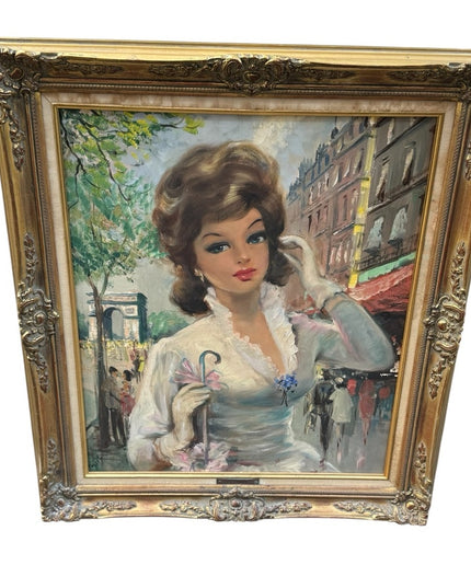 Vintage Framed Portrait Painting Tissot Signed Oil Lady in Paris France