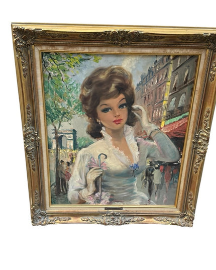 Vintage Framed Portrait Painting Tissot Signed Oil Lady in Paris France