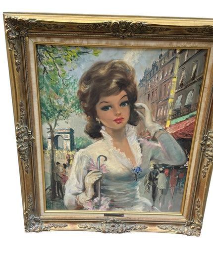 Vintage Framed Portrait Painting Tissot Signed Oil Lady in Paris France