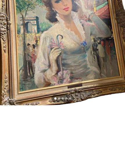 Vintage Framed Portrait Painting Tissot Signed Oil Lady in Paris France
