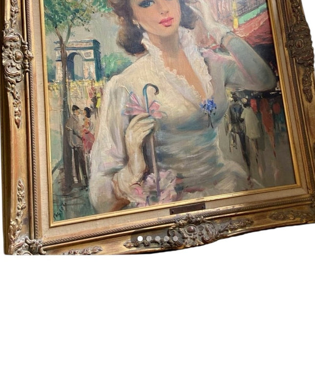 Vintage Framed Portrait Painting Tissot Signed Oil Lady in Paris France
