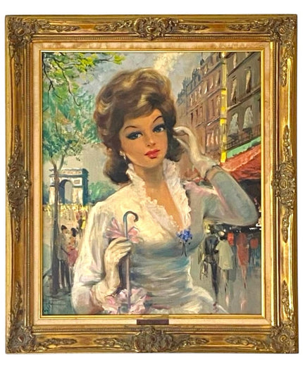 Vintage Framed Portrait Painting Tissot Signed Oil Lady in Paris France