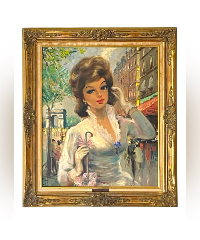 Vintage Framed Portrait Painting Tissot Signed Oil Lady in Paris France