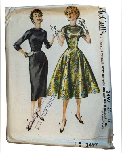 Mccalls #3497 Vintage Dress Pattern Slim or Full Skirt Sz 20 C 1955