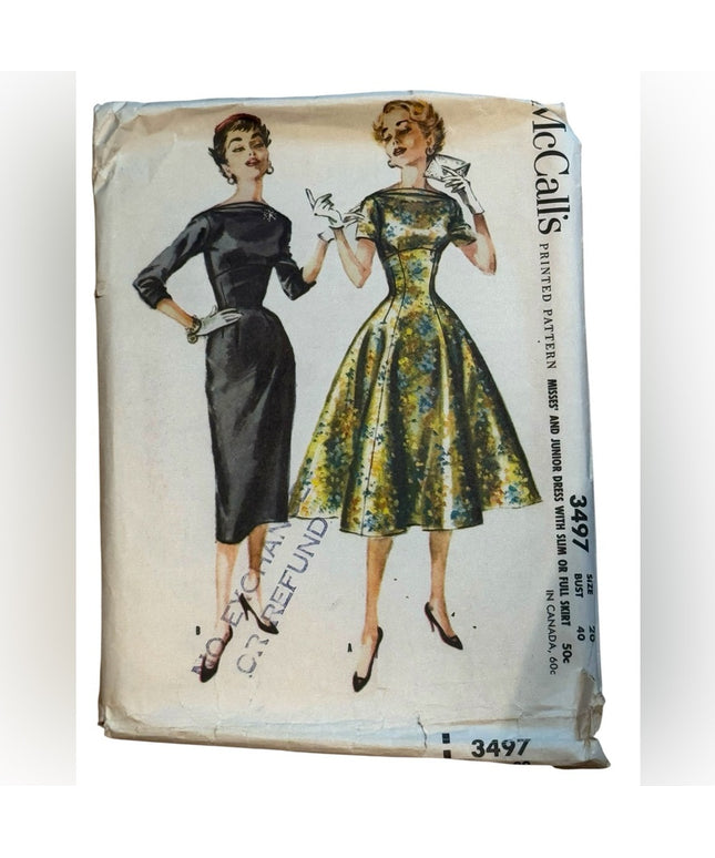 Mccalls #3497 Vintage Dress Pattern Slim or Full Skirt Sz 20 C 1955