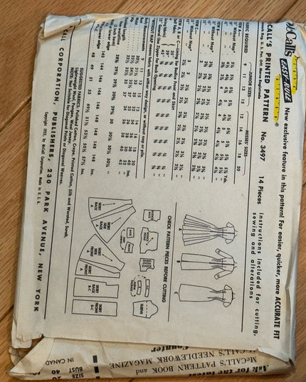Mccalls #3497 Vintage Dress Pattern Slim or Full Skirt Sz 20 C 1955