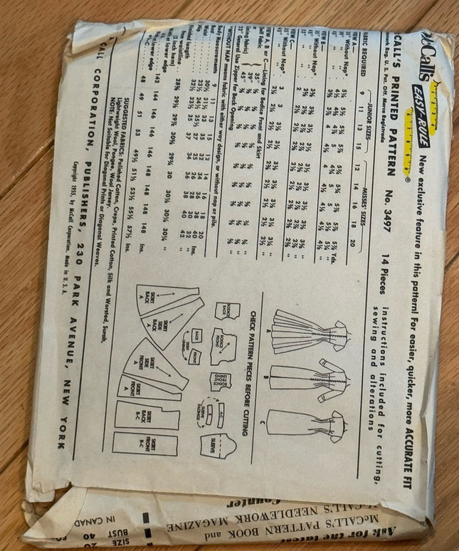 Mccalls #3497 Vintage Dress Pattern Slim or Full Skirt Sz 20 C 1955