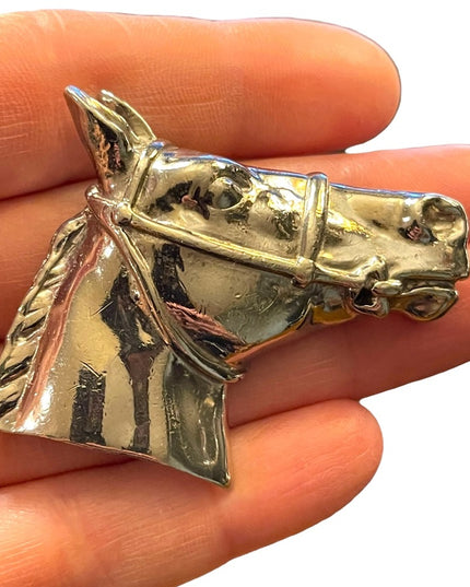 Vintage Silver finiah  large  heavy horse head brooch