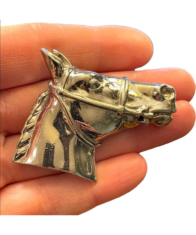Vintage Silver finiah  large  heavy horse head brooch