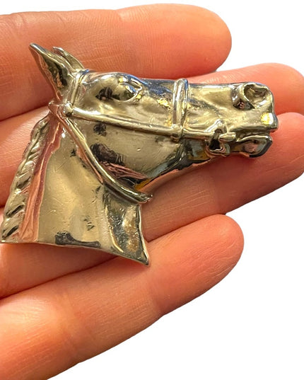 Vintage Silver finiah  large  heavy horse head brooch