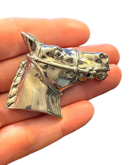 Vintage Silver finiah  large  heavy horse head brooch
