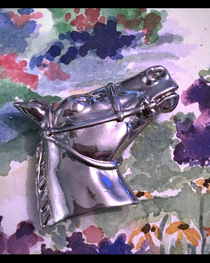 Vintage Silver finiah  large  heavy horse head brooch