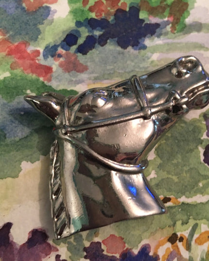 Vintage Silver finiah  large  heavy horse head brooch