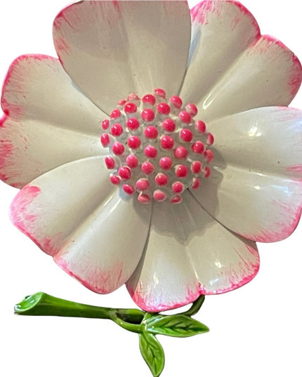 Vintage large flower metal brooch white & pink enamel