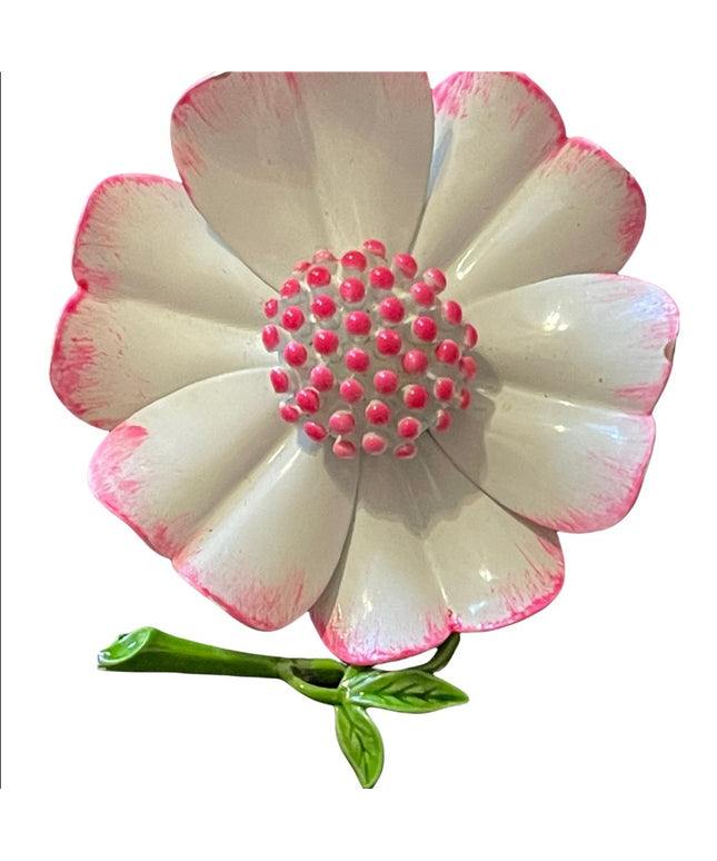 Vintage large flower metal brooch white & pink enamel
