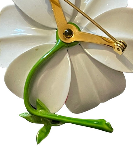 Vintage large flower metal brooch white & pink enamel