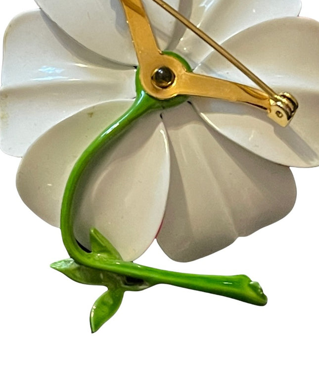 Vintage large flower metal brooch white & pink enamel