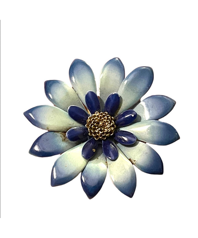 Vintage 1960s Blue daisey flower metal brooch enameled