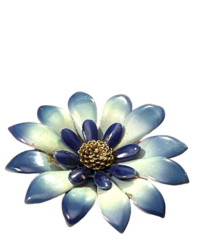 Vintage 1960s Blue daisey flower metal brooch enameled