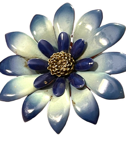 Vintage 1960s Blue daisey flower metal brooch enameled