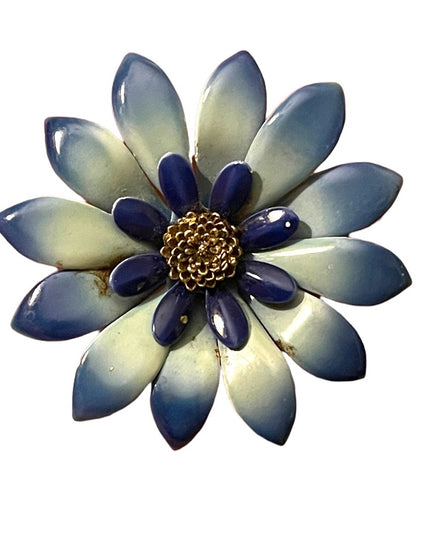 Vintage 1960s Blue daisey flower metal brooch enameled