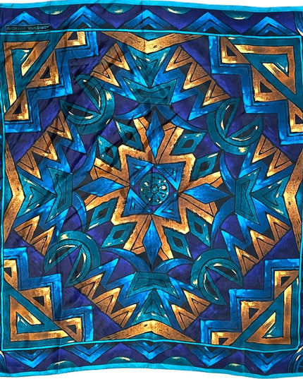 Adrienne Vittadini Mandala teal blue gold Aztec print scarf silk