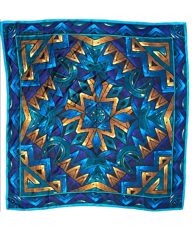 Adrienne Vittadini Mandala teal blue gold Aztec print scarf silk