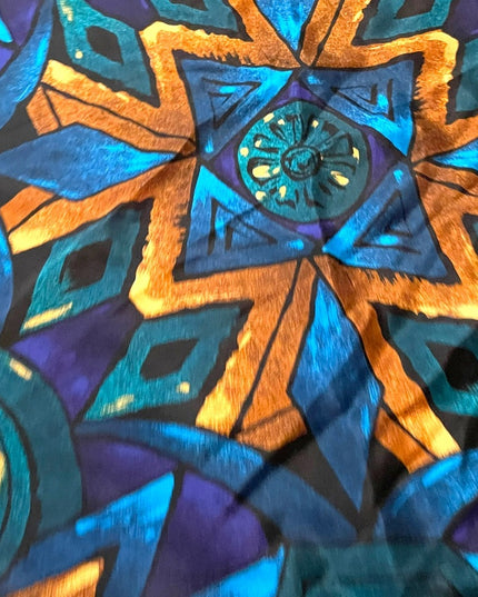 Adrienne Vittadini Mandala teal blue gold Aztec print scarf silk