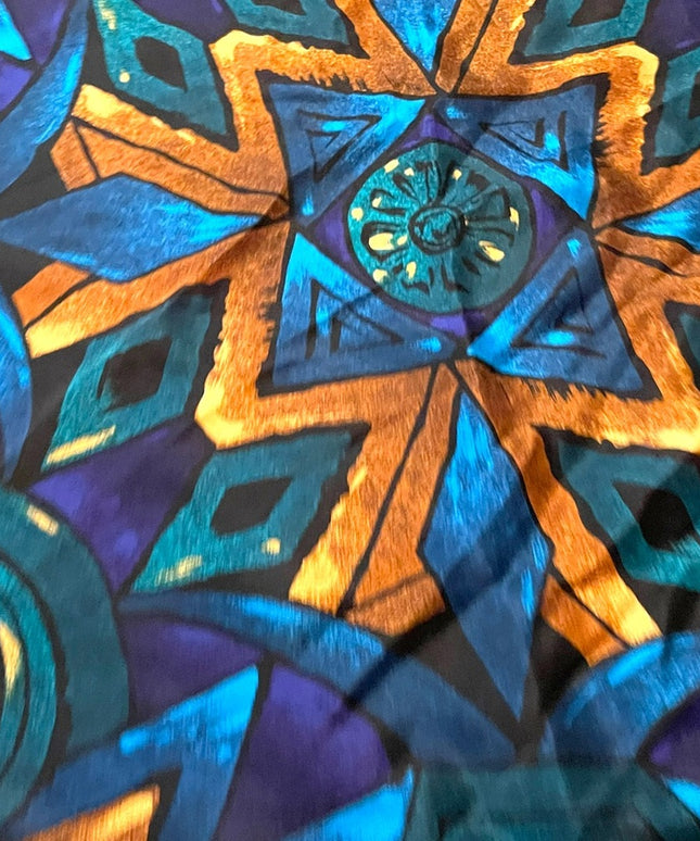 Adrienne Vittadini Mandala teal blue gold Aztec print scarf silk