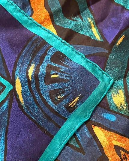 Adrienne Vittadini Mandala teal blue gold Aztec print scarf silk
