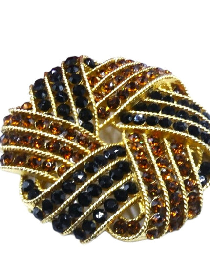 Vintage signed Trifari gold tone black &  amber crystal brooch gold plate finish